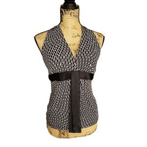 Women's Black and White Satin Halter Top Stretch Dressy Blouse Large